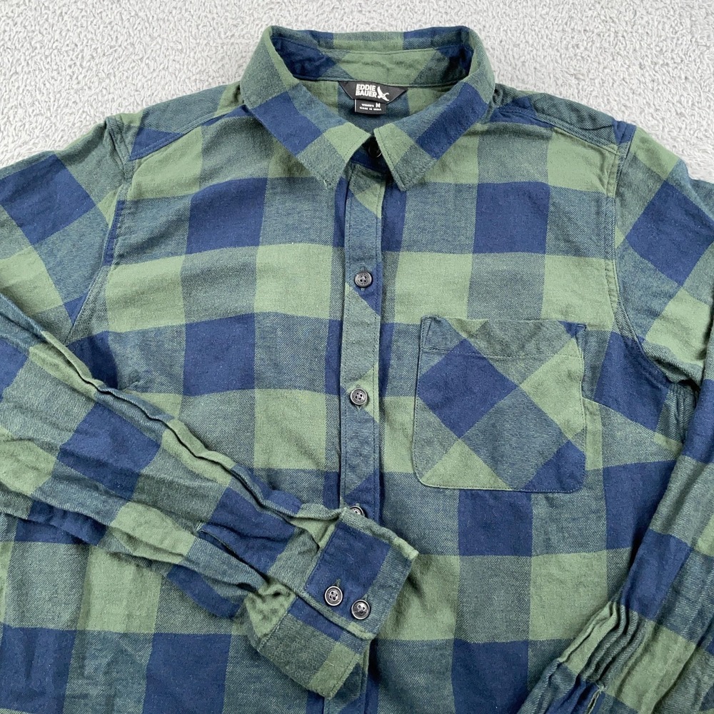 Eddie Bauer Shirt Womens Medium Green Navy Buffalo Plaid Flannel Long Sleeve